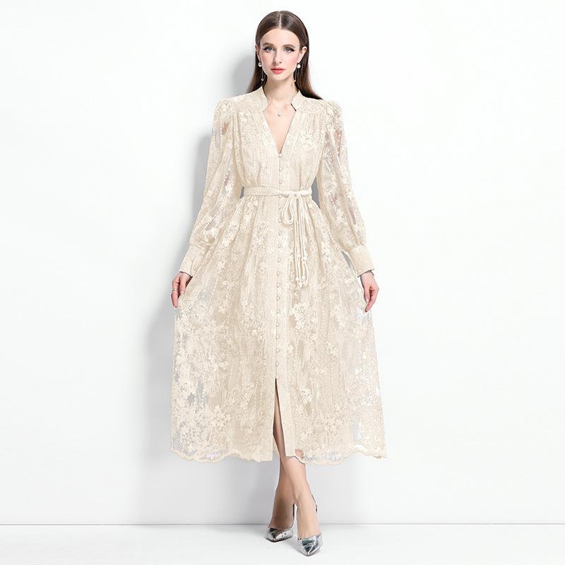 Französisches Temperament Damenkleid Frühling Taille Schwere Industrie Stickerei V-Ausschnitt Laternenärmel Einreiher Langer Rock