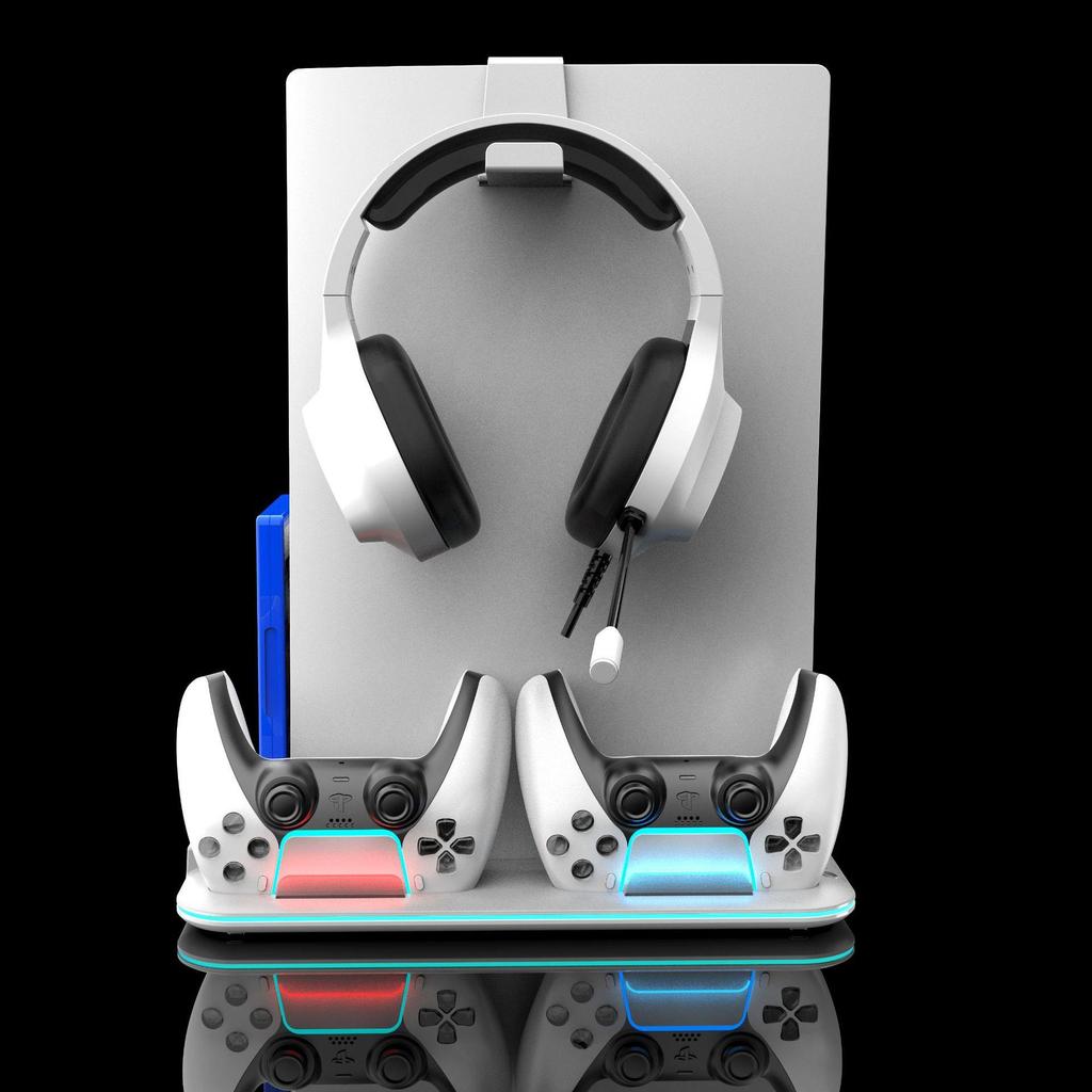 PS5 Slim Pro aušinimo stovas ir įkrovimo stotelė su žaidimų diskų ir ausinių laikikliais