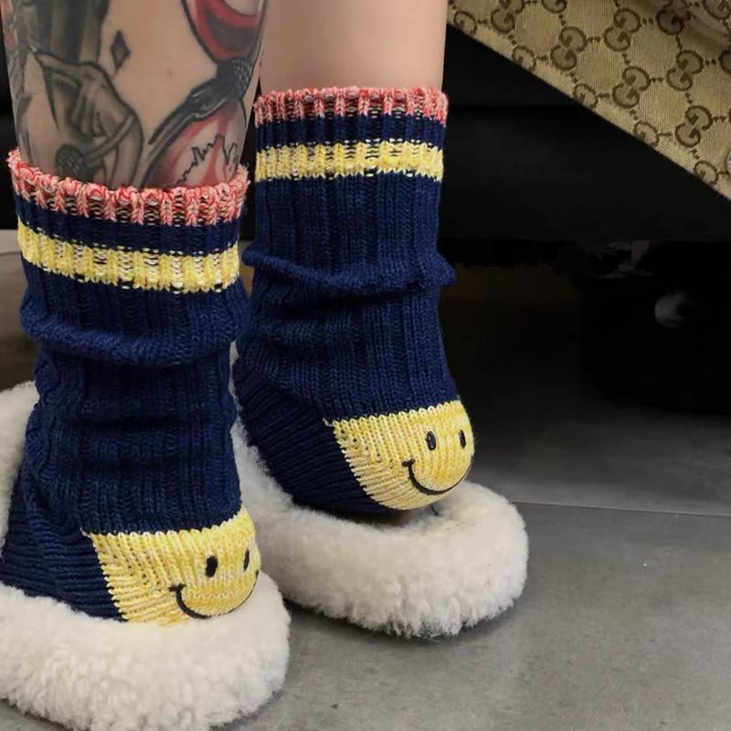 Hirata And Hiroshi Wool Thick Needle Smiley Face Heel Thick Workwear Color-Blocking Striped Mid-Leg Socks Trendy Socks