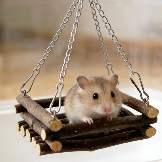 Yousheng Hamster Swing Natural Wood Chew Toy Small Pet Hammock Hideout with Metal Hanging Chains for Guinea Pigs Gerbils Chipmunks
