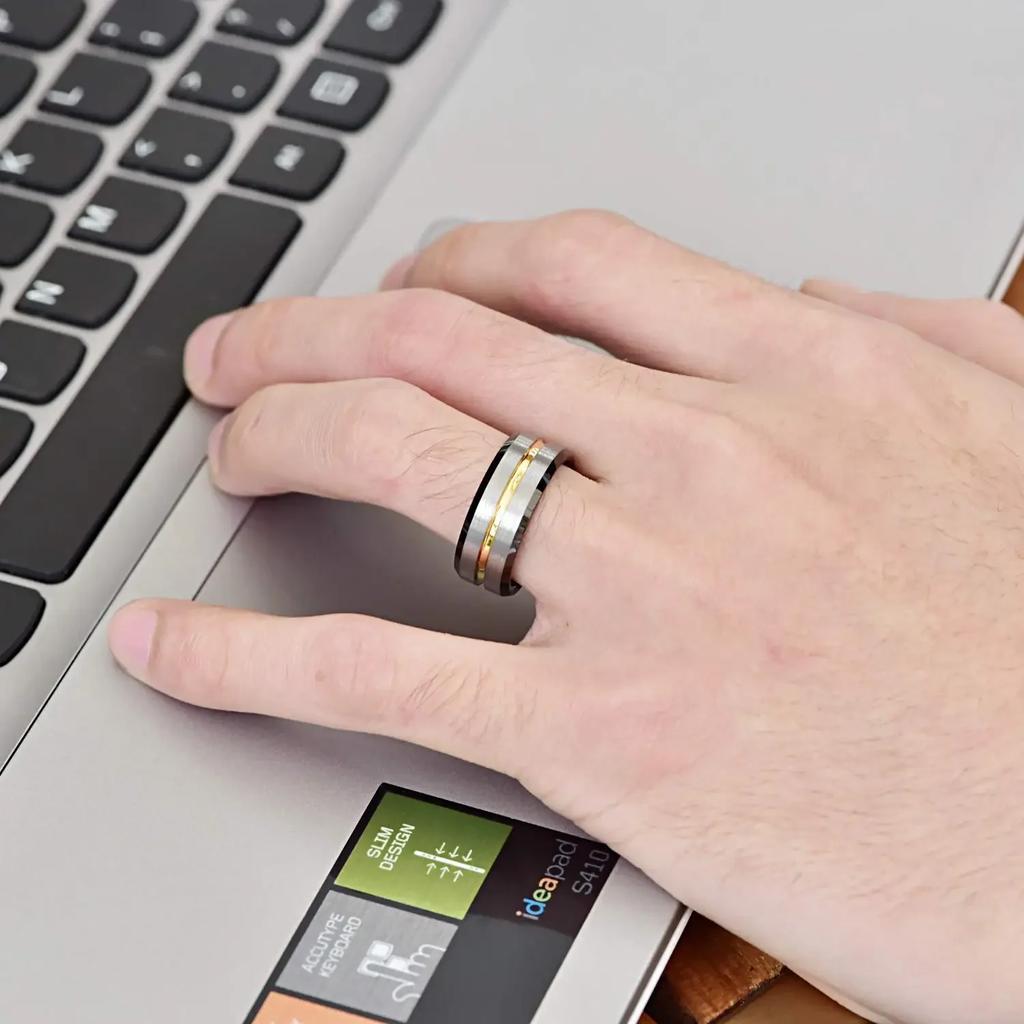 8MM Fashion Gold Color Groove Stainless Steel Rings Silver Color Brushed Black Edge Rings Women Wedding Band Jewelry Men's Ring