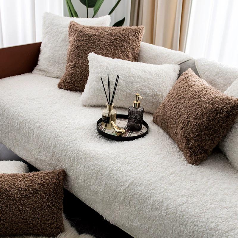 American Light Luxury Non-Slip Teddy Fleece Sofa Cushion | Thick Plush Universal Cover for Leather Sofas