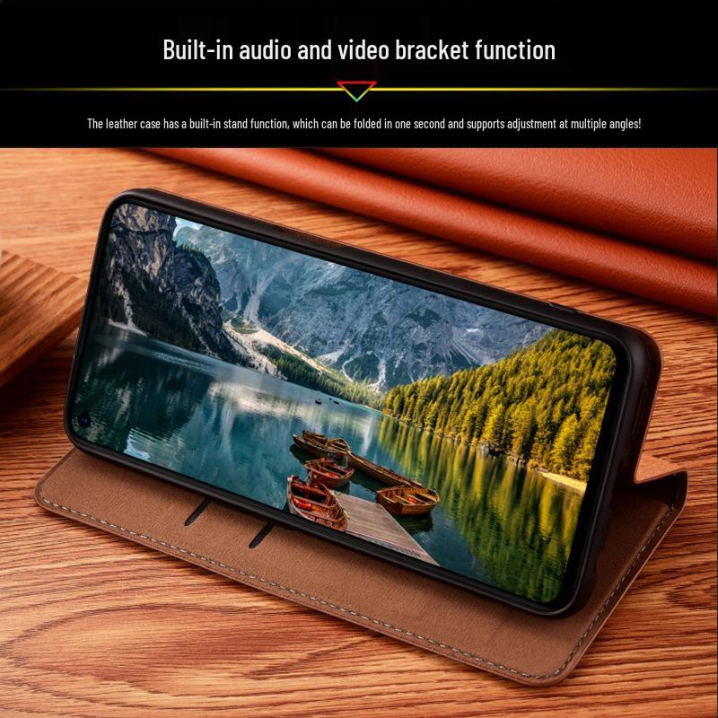 Compatible with iPhone 12 to 18: Genuine Leather Flip Protective Case