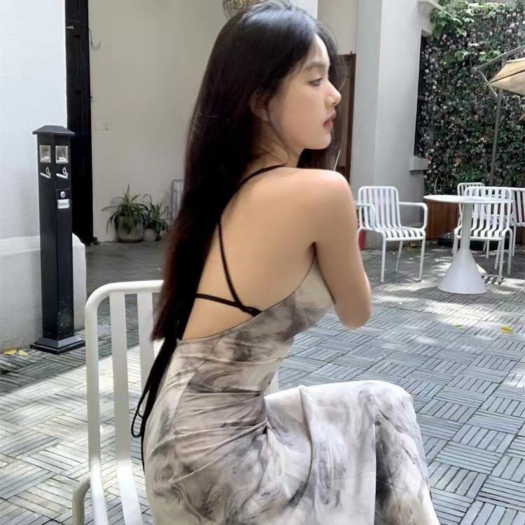 Foreign-style Ink Painting Tie-dye Neck Suspender Skirt Summer New Backless Holiday Wind Belt Dress