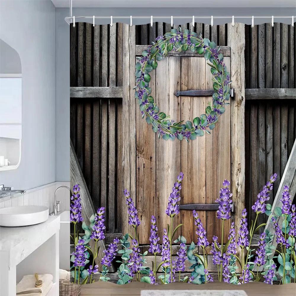 Rustic Farm Wooden Door Shower Curtains Barn Wheel Green Plant Grey Board Bath Curtain Polyester Cloth Bathroom Decor with Hooks