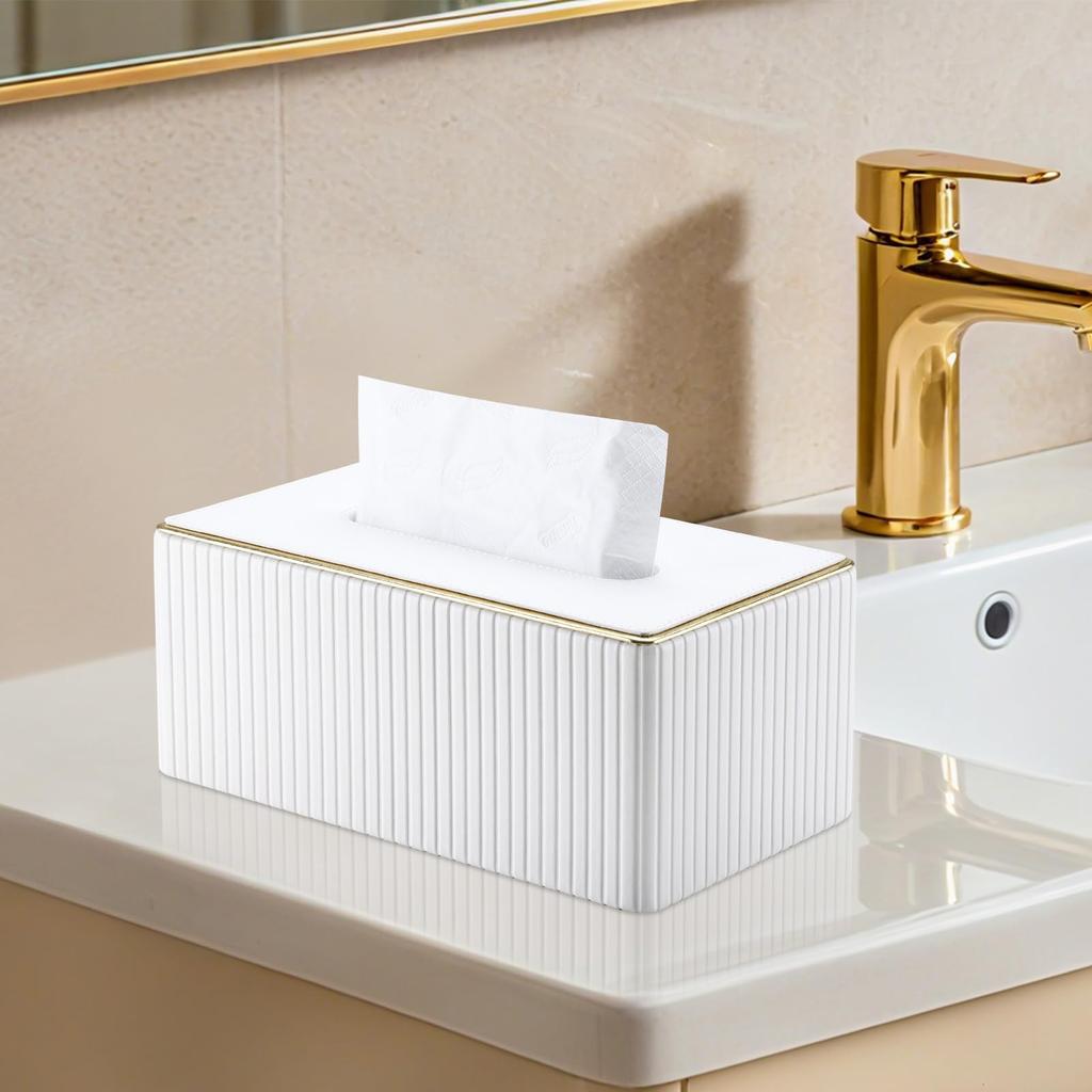 Richblue Tissue Case/Box, PU Leather, Gold Border, Vertical Stripes, Stylish, Luxury Tissue Case/Box for Living Room (White)