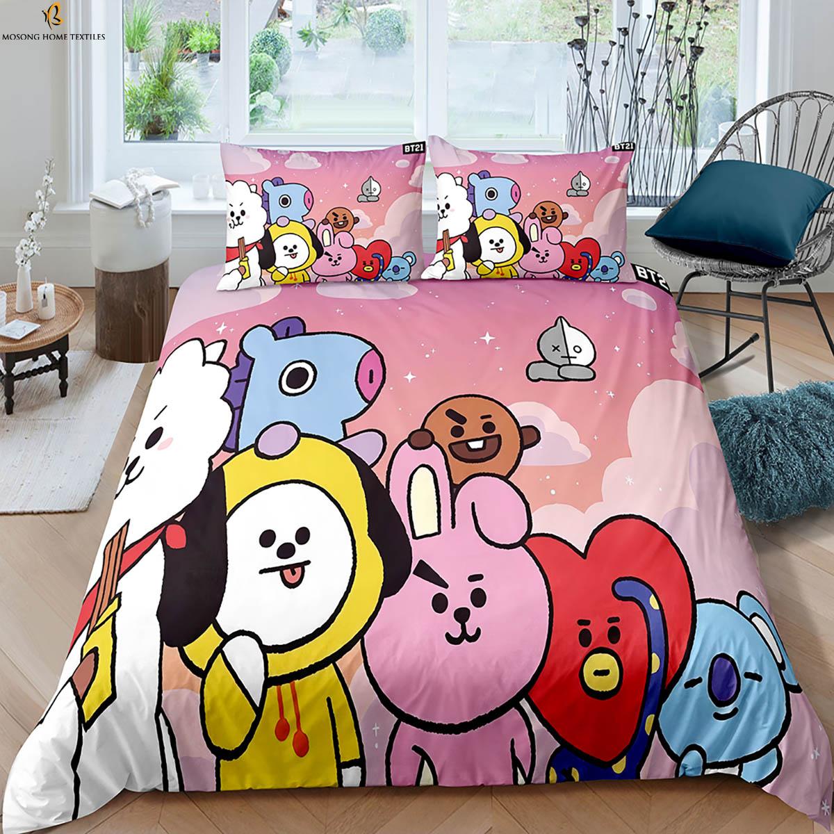

Animated Cartoon Printed Quilt Cover Polyester Fiber Bedding Set Duvet Pillowcase Three Piece Kids Gift Curtain Made Of W100*H130(CM)-Hooks&2PCS