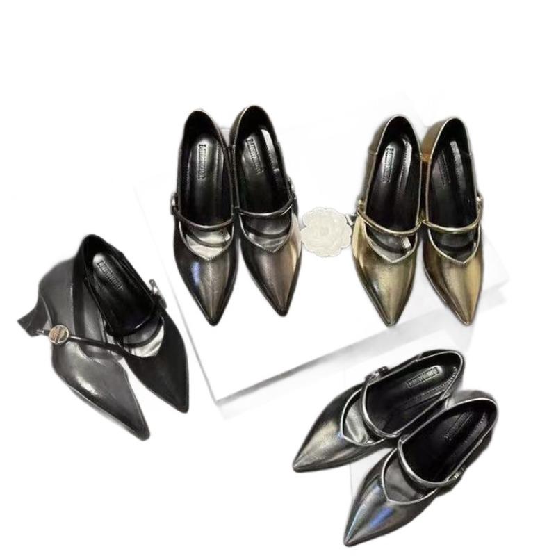 Pointed-toe High-heeled Women's Thick-soled Anti-slip New Soft Leather Mid-heeled Shoes