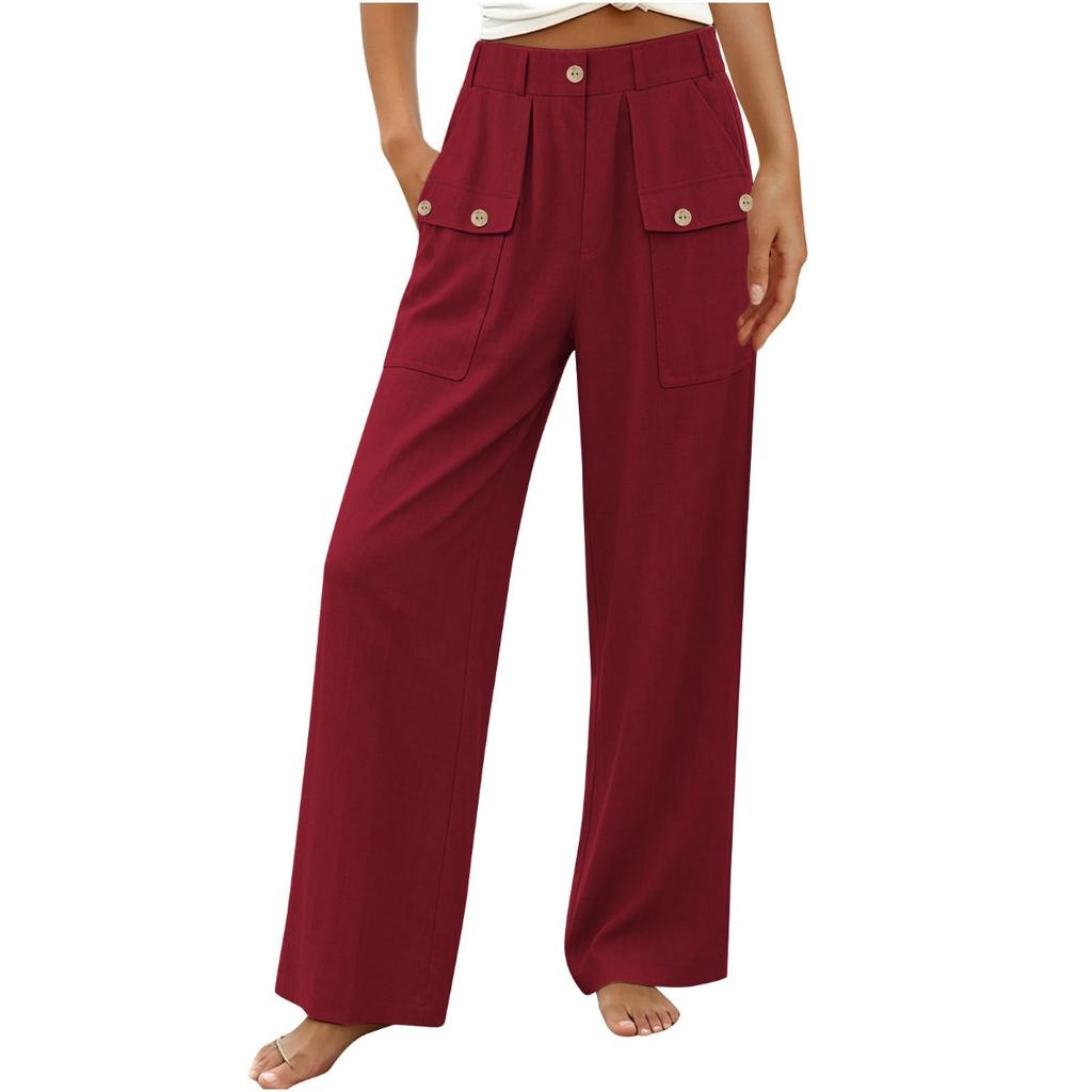 New Women's Casual Summer Cotton Linen Trousers Solid Color Button High Waist Straight Wide Leg Pants