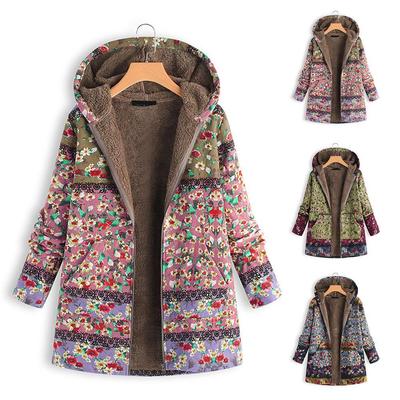 Thickened Cotton-padded Coat Autumn and Winter Long Printed Large Size Cotton-padded Coat for Women Warm Fashion Hooded Zipper Coat