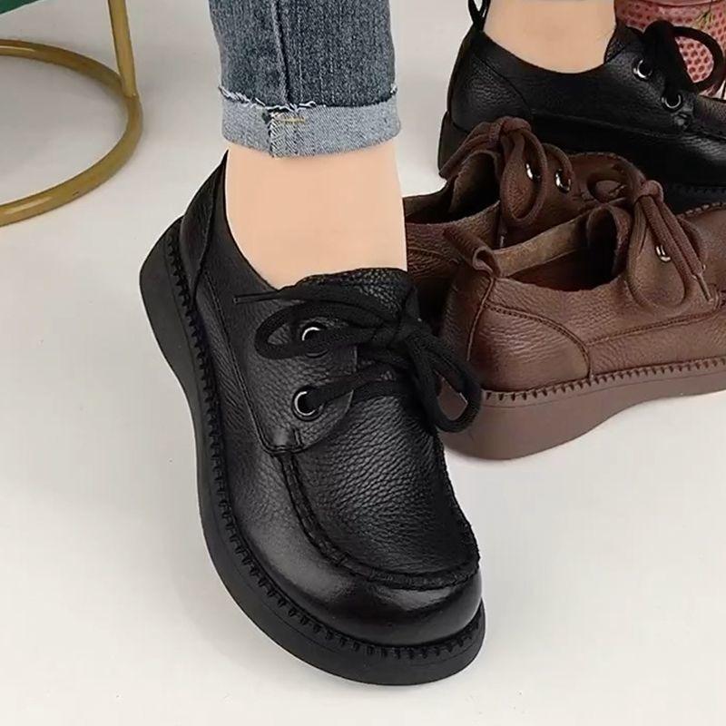 Spring and Autumn 2023 New Muffin Soles PU Deep-mouthed Mid-heel Low-top Shoes with Cross Tie Round Rubber Thick Soles Women's