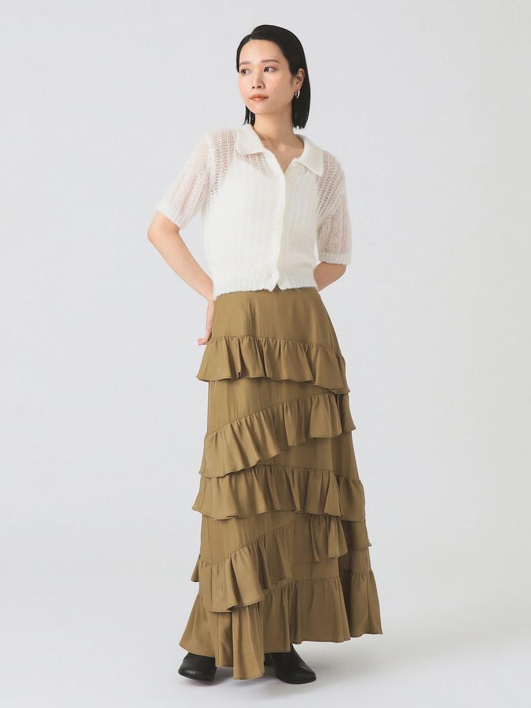 Ray Beams Women's Asymmetrical Ruffle Tiered Skirt, Beige 1