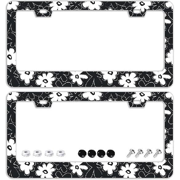 Mounta Cherry Blossom License Plate Frames - 2 Pcs Set 2 Holes Stainless Steel Metal Auto Car Accessories Decoration License Plate Frame Cover Size