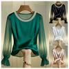 Nieuwe satijnen parel ronde hals mesh doorschijnende top blouse dames