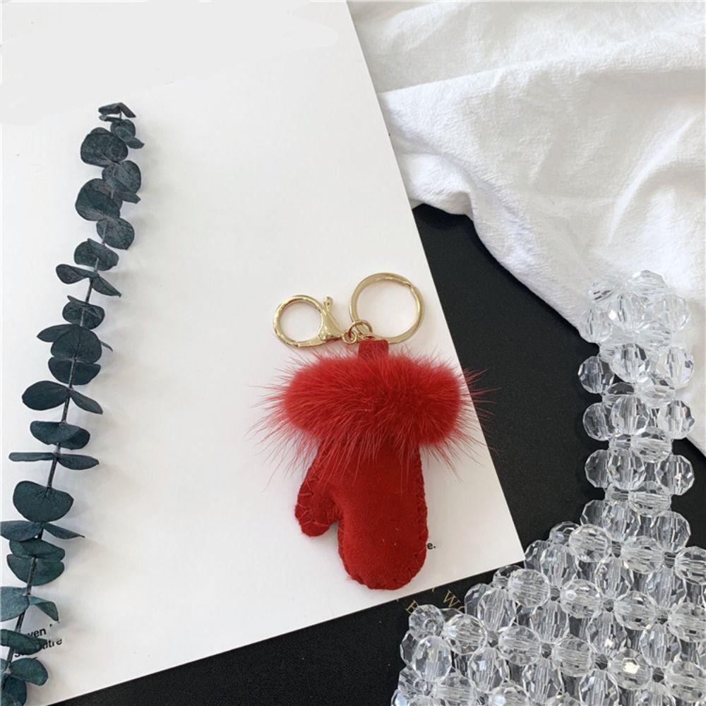 Fluffy Mink Hair Pendant Leather Car Keyring Fashion Little Glove Keychain  Bag Decoration