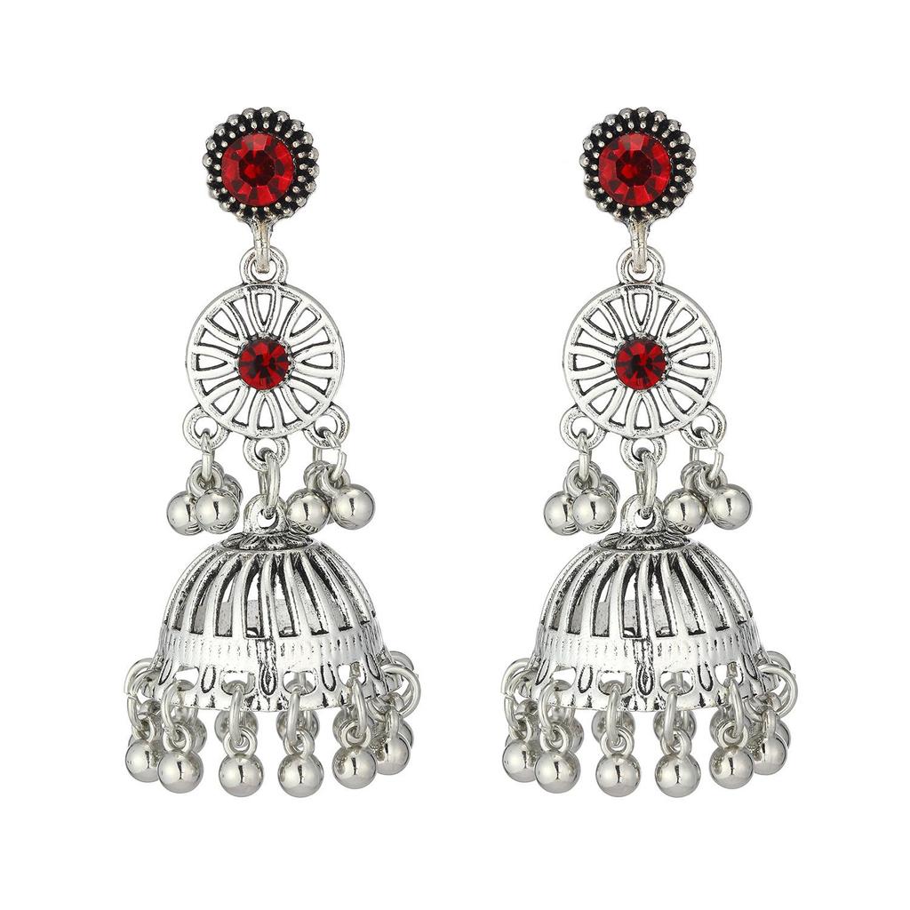 European-Indian Style Antique Silver Hollow Bell Tassel Dangle Earrings