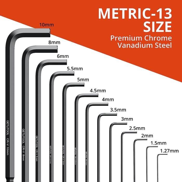 Clés Allen - Getlitool - 13 Métriques - Antirouille - Acier Au 6150 - Bout Sphérique