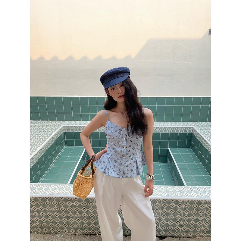 Summer French design waist floral sling vest women's outer wear S
