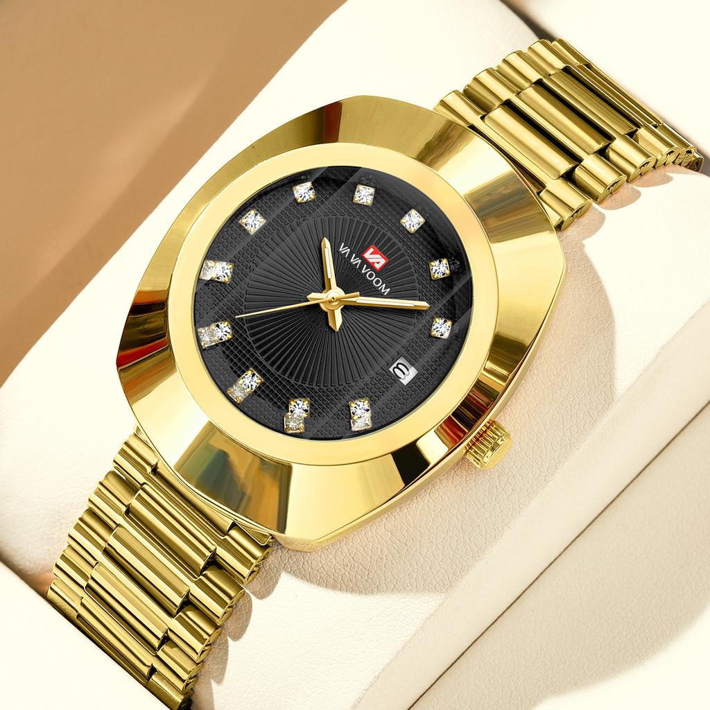 VA VA VOOM Couple Quartz Watch Yellow Gold Diamond Waterproof Steel Belt Watch