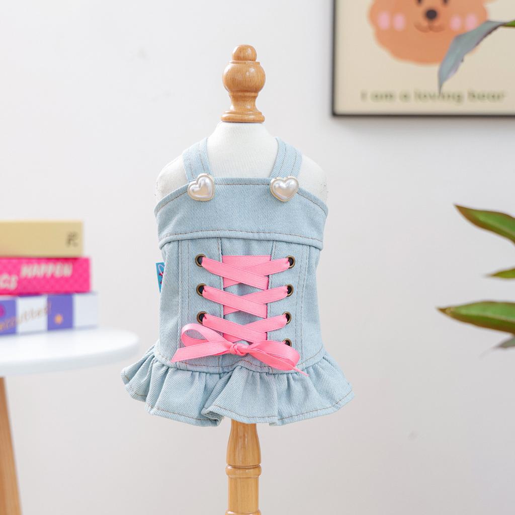 Pet circle dog cat clothes pocket skirt collection denim flower medium and small dog small red flower strap dress