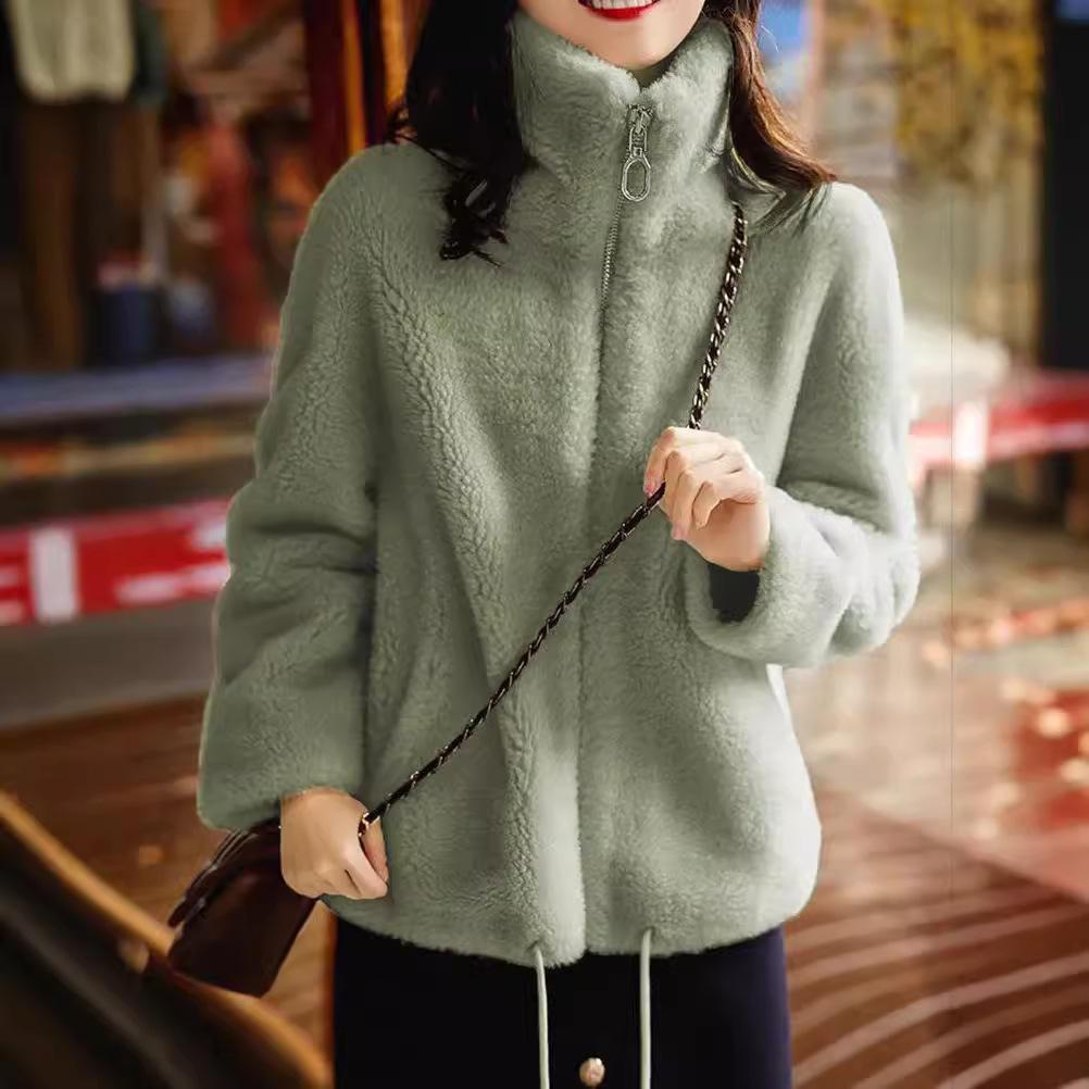 Elegante Giacca Calda in Pile con Velluto e Collo Alto Autunno/Inverno per Donna - Cardigan Trendy Casual con Zip