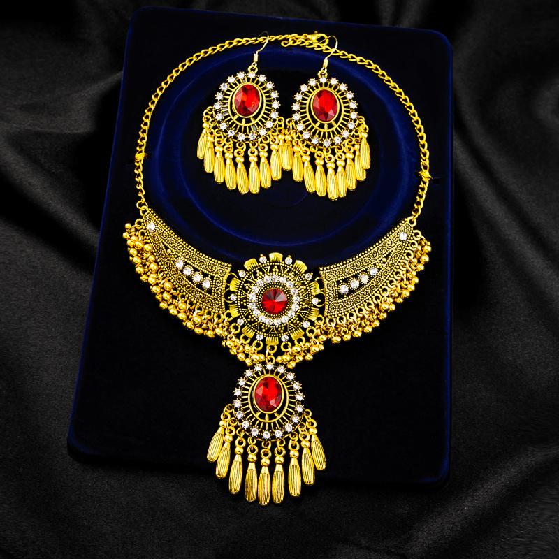 Metal Rose Necklace, Exotic Retro Ruby Earrings, Fashionable Literary Tassel Set