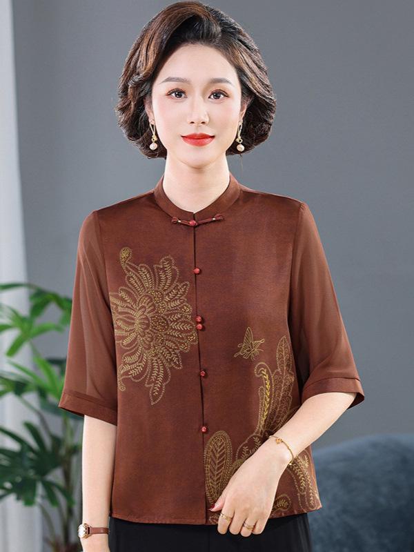 Spring/Summer Medium-Sleeve Shirt for Middle-Aged/Elderly Women - Stylish Cardigan Top