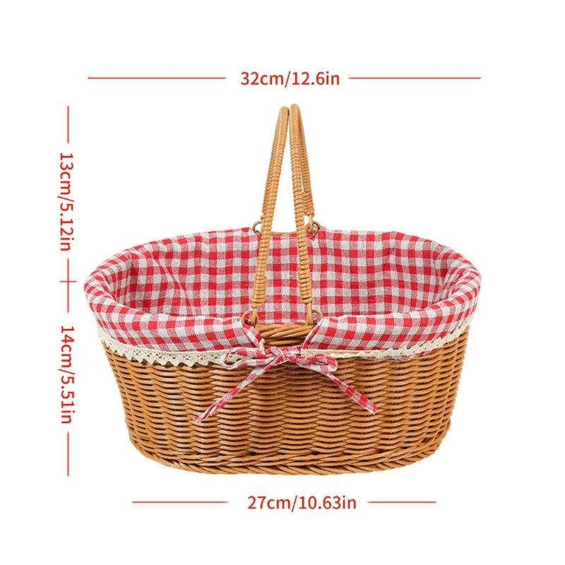 Woven Picnic Basket With Checkered Lining And Top Handle For Outdoor Camping Gathering And Fruit Vegetable Toy Storage