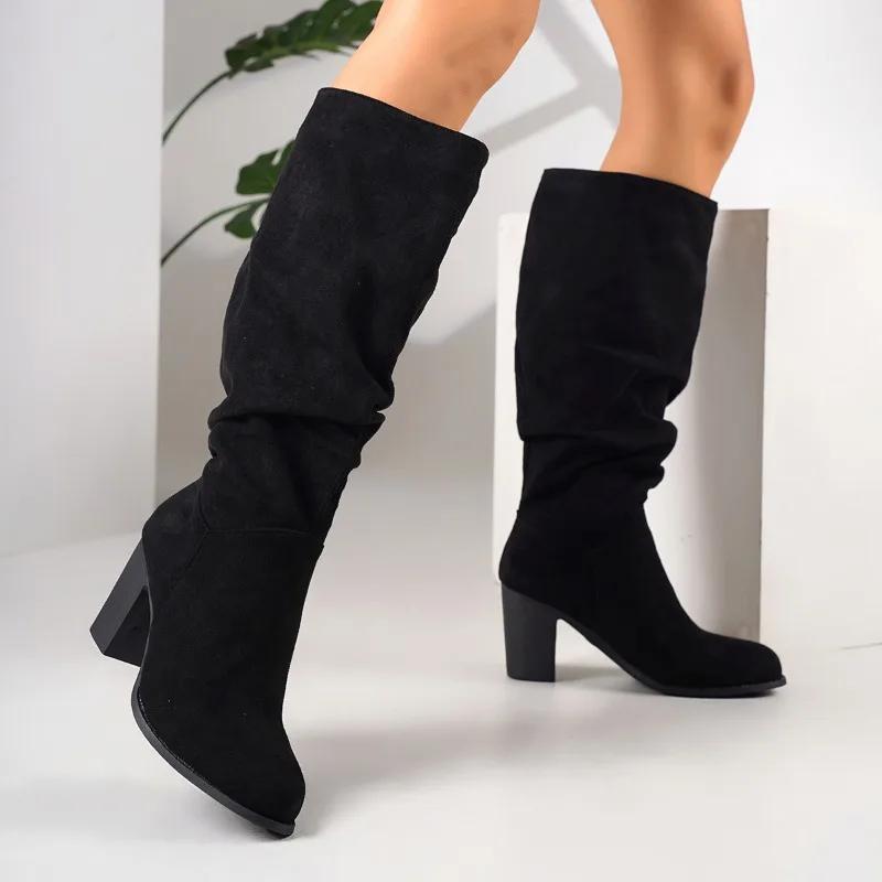 Autumn New Coarse Heel Single Boots Women's Round Head Suede Sleeve Fold Anti-slip Wear-resistant High Boots