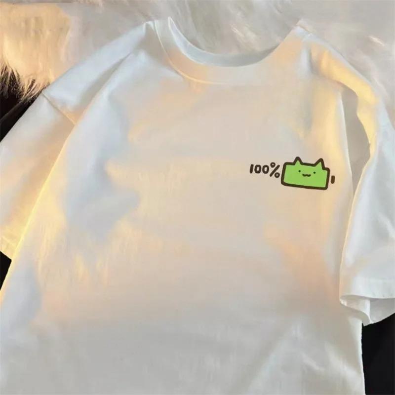Cat Dog and Mobile Phone Print Women Round Neck Short Sleeve Soft Comfortable Streetwear Summer Fashion Women Clothes