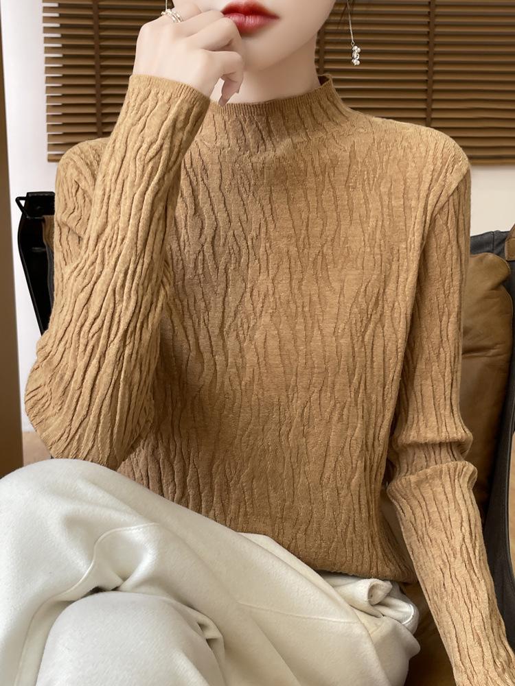 Niche Bark Texture Half-High Collar Sweater: Autumn/Winter Long Sleeve Temperament Knitwear for Women