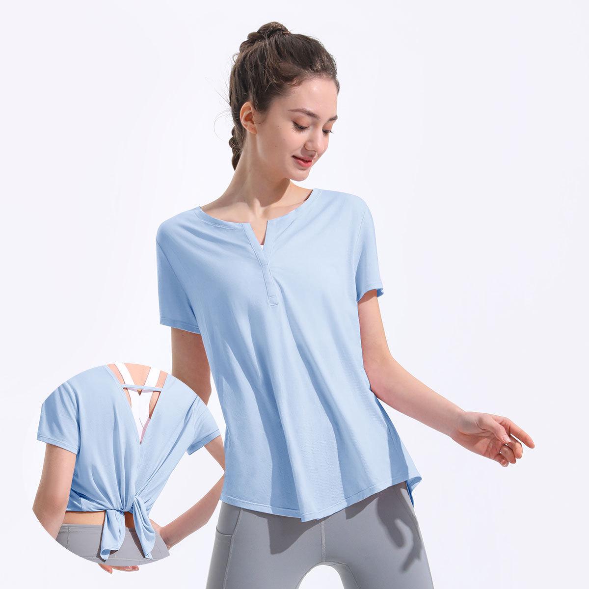 

European-American Cool Yoga T-shirt: Women s Loose Hip-length Backless Fitness Top with Back Slit Extra Large