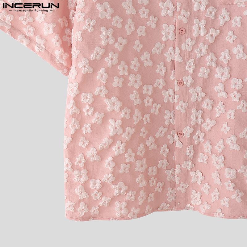 INCERUN S-XXXXXL Men Lapel Neck Short Sleeve Flowers Texture Buttons Casual Shirts