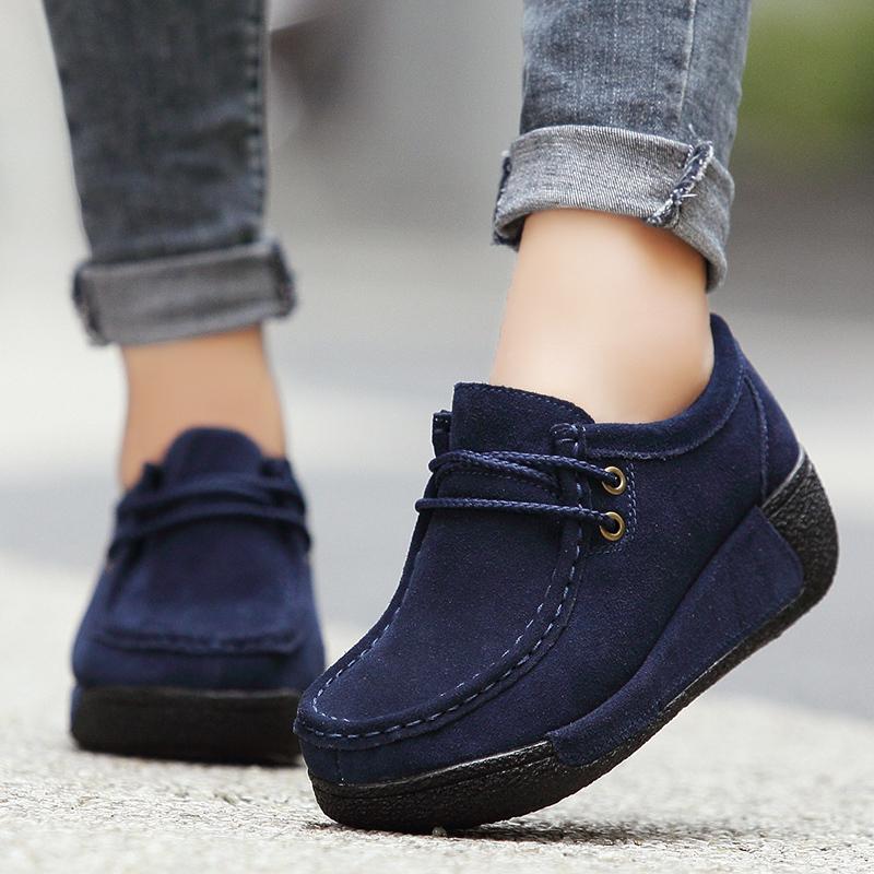 Genuine Leather Platform Flat Shoes Women Lace Up Plush Nubuck Cow Suede Sneakers Ladies Swing Shoes Wedge Shallow Espadrilles