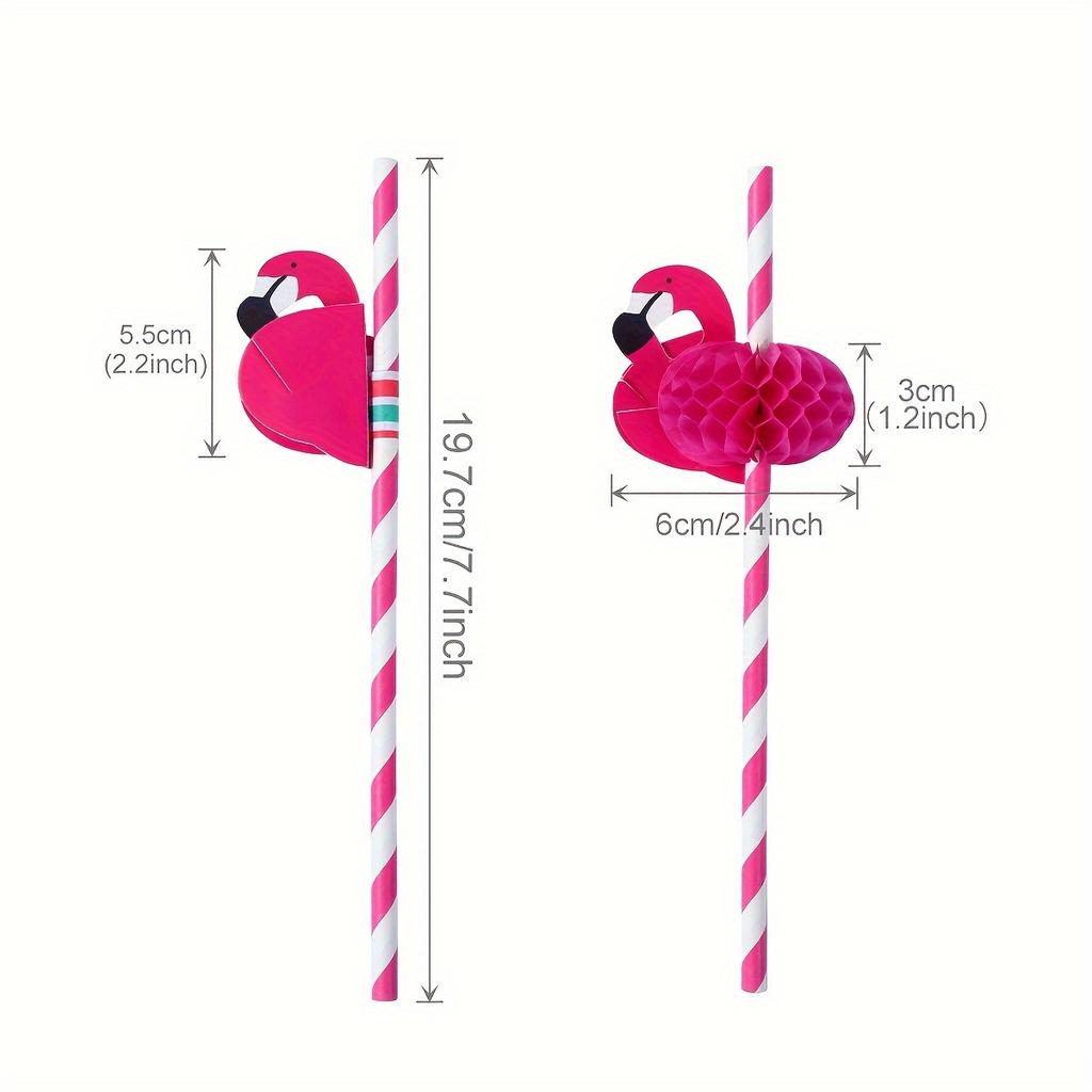 12pcs, Pink Flamingo Paper Straws, Summer Hawaii Aloha Party Supplies Tableware, Hawaiian Party Decorations Birthday Wedding Paper Drinking Straws
