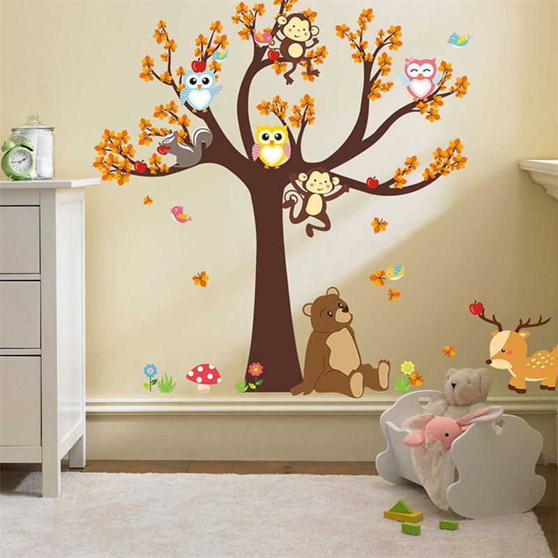 Cartoon Animal Owl Monkey Tree Wall Stickers Children'S Room Decoration Mural Decals Home Decoration Cute Animal Stickers