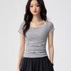 Tencel lyocell cotton, one-word collar off-the-shoulder striped T-shirt women's summer new slim-fitting sexy clavicle short-sleeved top
