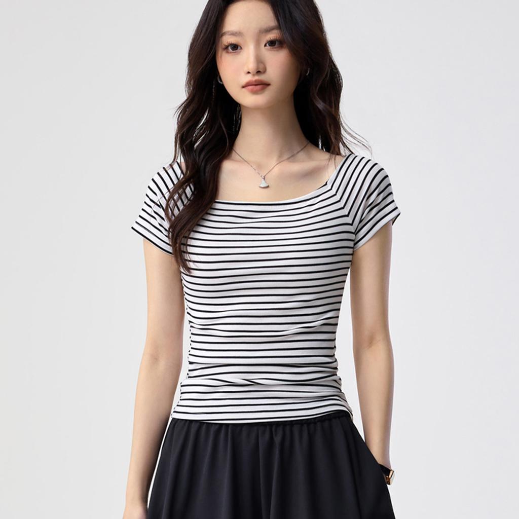 Tencel lyocell cotton, one-word collar off-the-shoulder striped T-shirt women's summer new slim-fitting sexy clavicle short-sleeved top