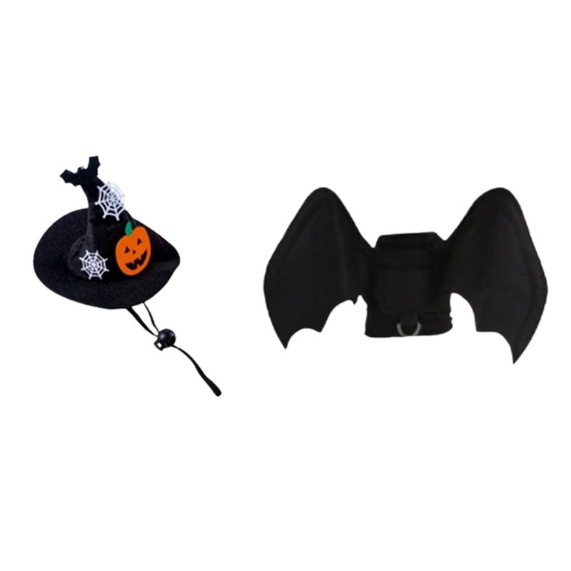 Halloween Seasonal Pet Costume Set with Pointed Hat Wing Panel Collar Charm Soft Fabric Look for Photo Parties and Home Use