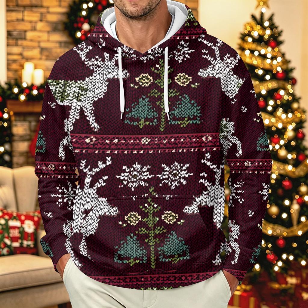 Men's Long Sleeve Hooded Sweatshirt with Christmas Print for Casual Holiday Wear