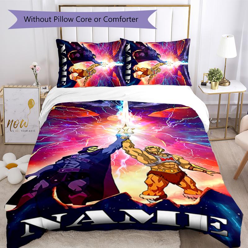 3pcs Custom Name Cartoon He-Man and the Masters of the Universe Bedding Set Duvet Cover Closure Includes 1 Duvet Cover & 2 Pillowcases for All Seasons