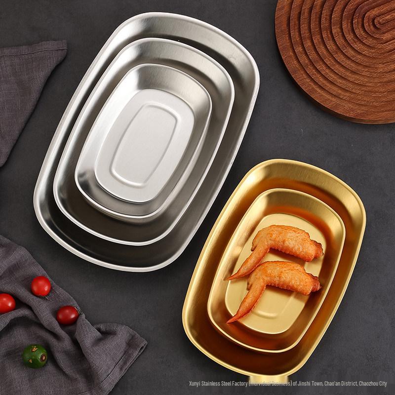 Korean Style Stainless Steel Rectangular Dinner Plate for Fish, Cold Dishes, Rice Noodles, BBQ, Vegetables, and Hot Pot Preparation.