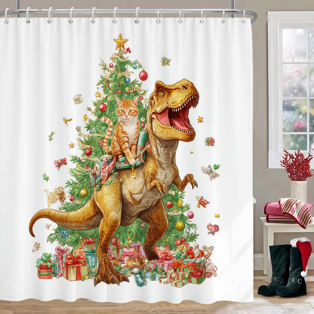 Merry Christmas dinosaur cat Print Bathing Curtain Bathroom Shower Curtain With Hooks bathroom home decor and accessories