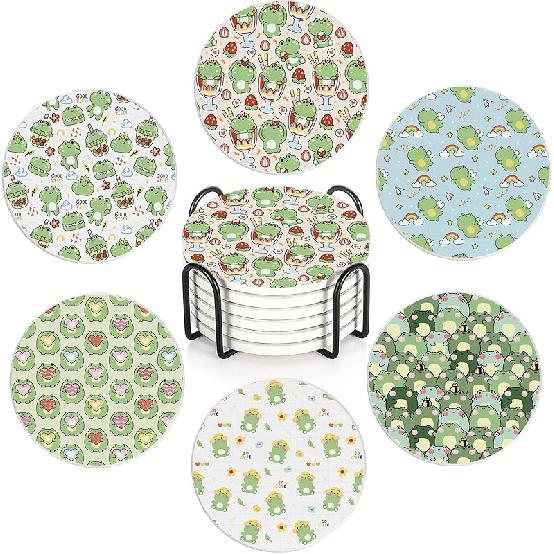 Drink Coasters Set of 6 with Holder, Cute Cats Absorbent Ceramic Coasters with Cork Base,Fit All Cups,Great Gift for Housewarming,Room