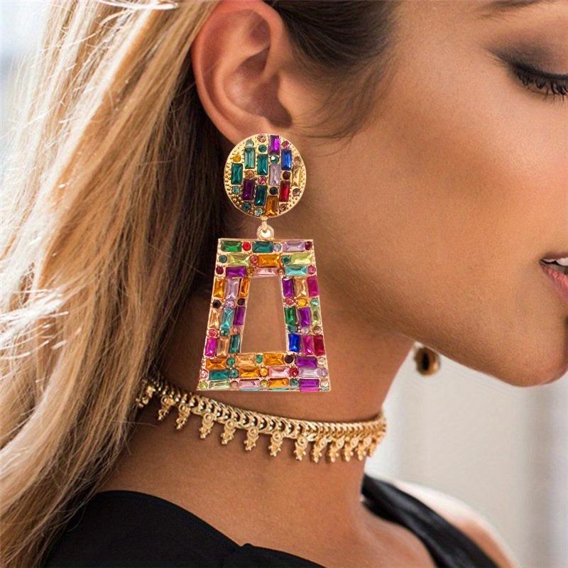 Vintage Luxury Geometric Square Drop Dangle Earrings Multicolor Synthetic Zircon Christmas All Season Jewelry for Party Gift