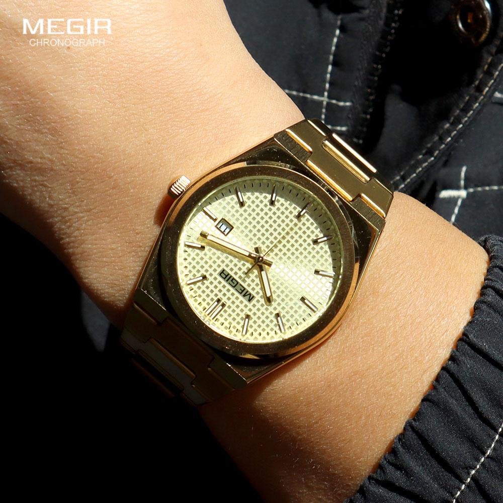Men's New Quartz Watch Fashion Golden Analog Waterproof Wristwatch with Calendar Luminous Hands Stainless Steel Strap