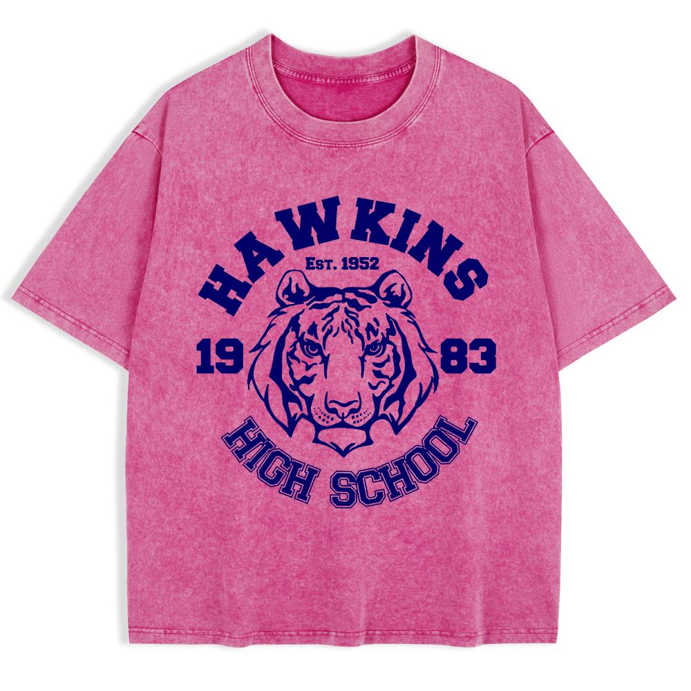 Hawkins High School Prints Washed T-Shirts Mens Cotton Short Sleeve Tops Summer O-Neck Oversize T Shirt Basic Clothes