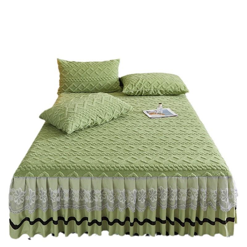 Thickened Taffeta Bed Skirt Set: Korean Style Lace Bedspread & Mattress Cover (3-Piece, Solid Color)