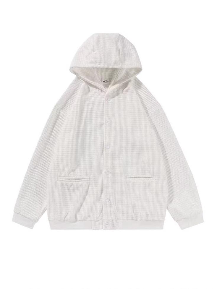 Men's Oversized Retro Waffle Knit Hooded Sweatshirt - Heavy-Weight Casual Jacket for Spring & Autumn by Trendy Brand