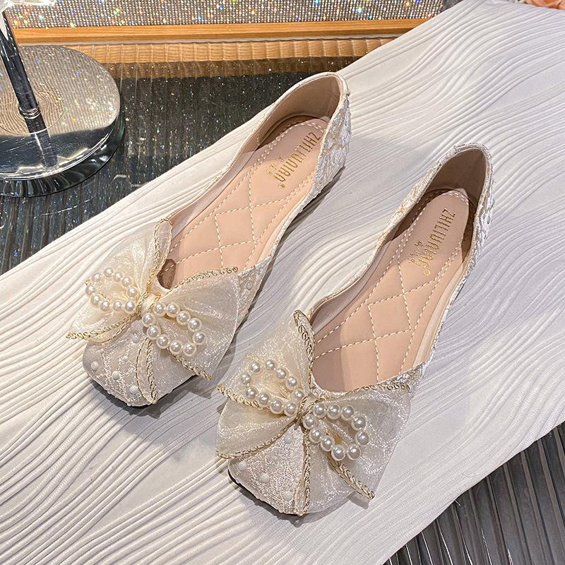 Fashion Pearl Bowtie Ballet Flats Women Sequines Cloth Slip On Loafers 34-43 Big Size Embroider Ballerina Shoes Woman Shallow Moccasins